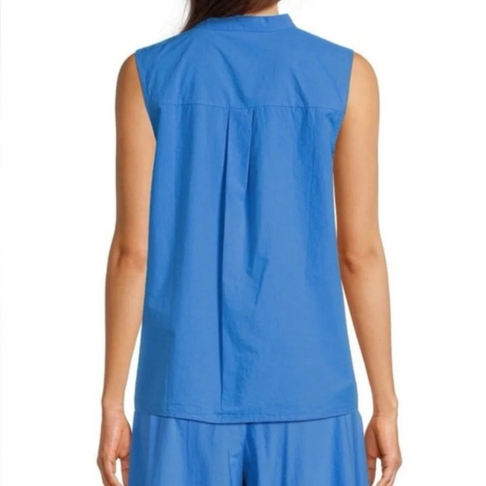 Eileen Fisher Washed Organic Calypso Cotton Poplin Blue Mandarin Collar Shirt - Picture 2 of 11